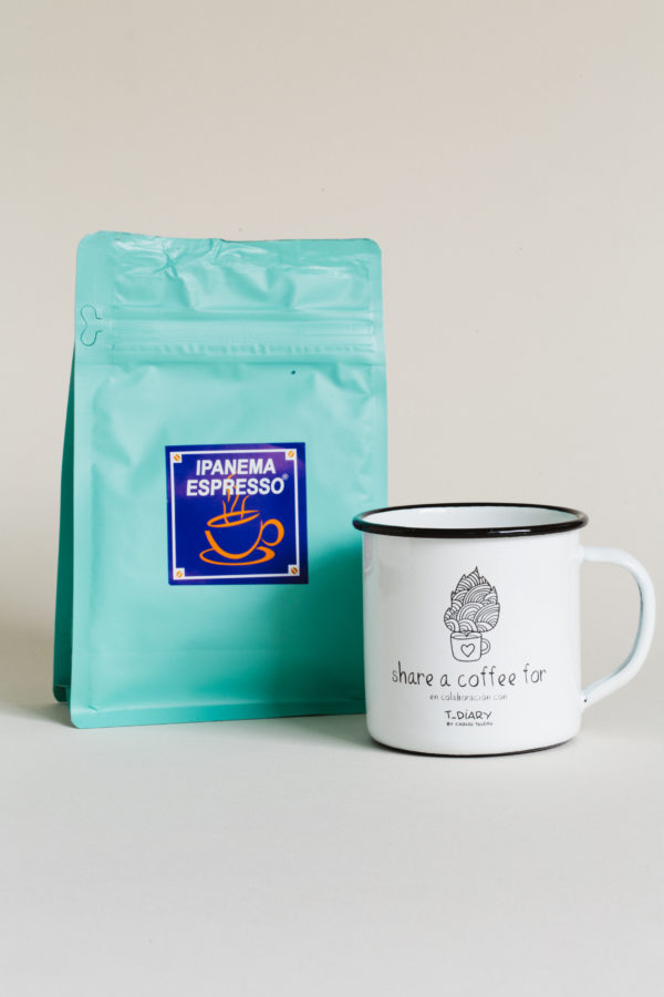 Pack Café molido Ipanema y taza de metal café por un mundo mejor