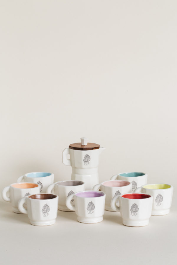 Pack mini tazas, mini cafetera, de cerámica, hecha a mano, artesanal, café por un mundo mejor