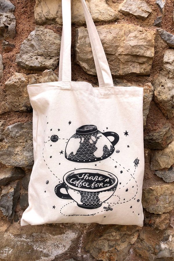 tote bag robusta, share a coffe for, comparte un cafe, cafe por un mundo mejor, bolsas de tela, tote bag